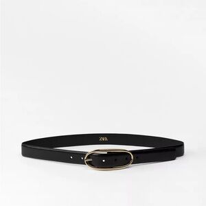 Zara Black Leather Belt with Oval Gold Buckle
